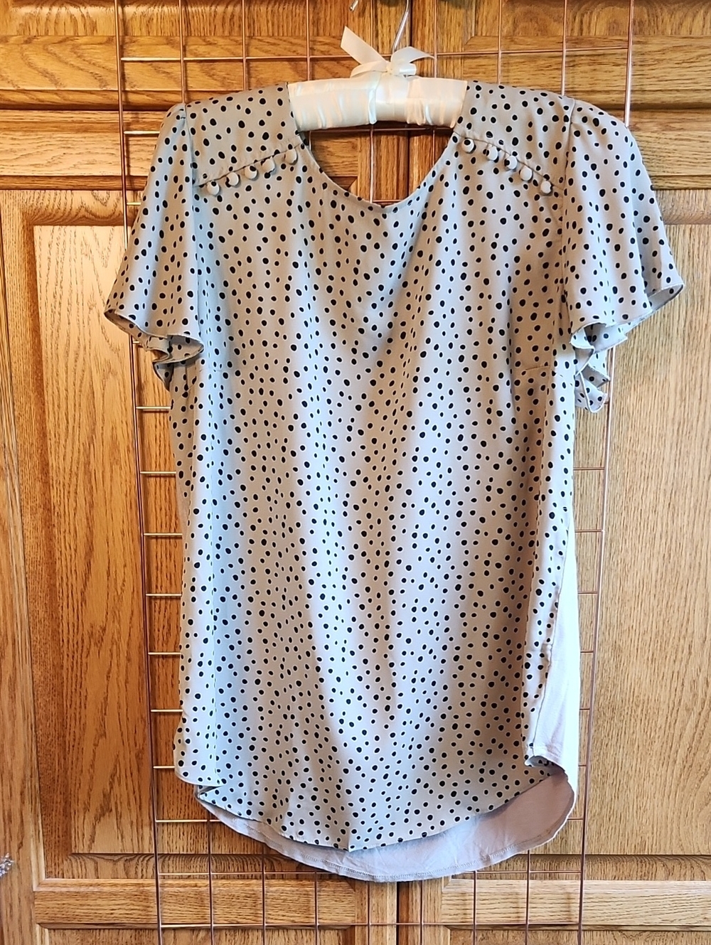 Beige Polka Dot Flutter Sleeve Blouse - Women's Top